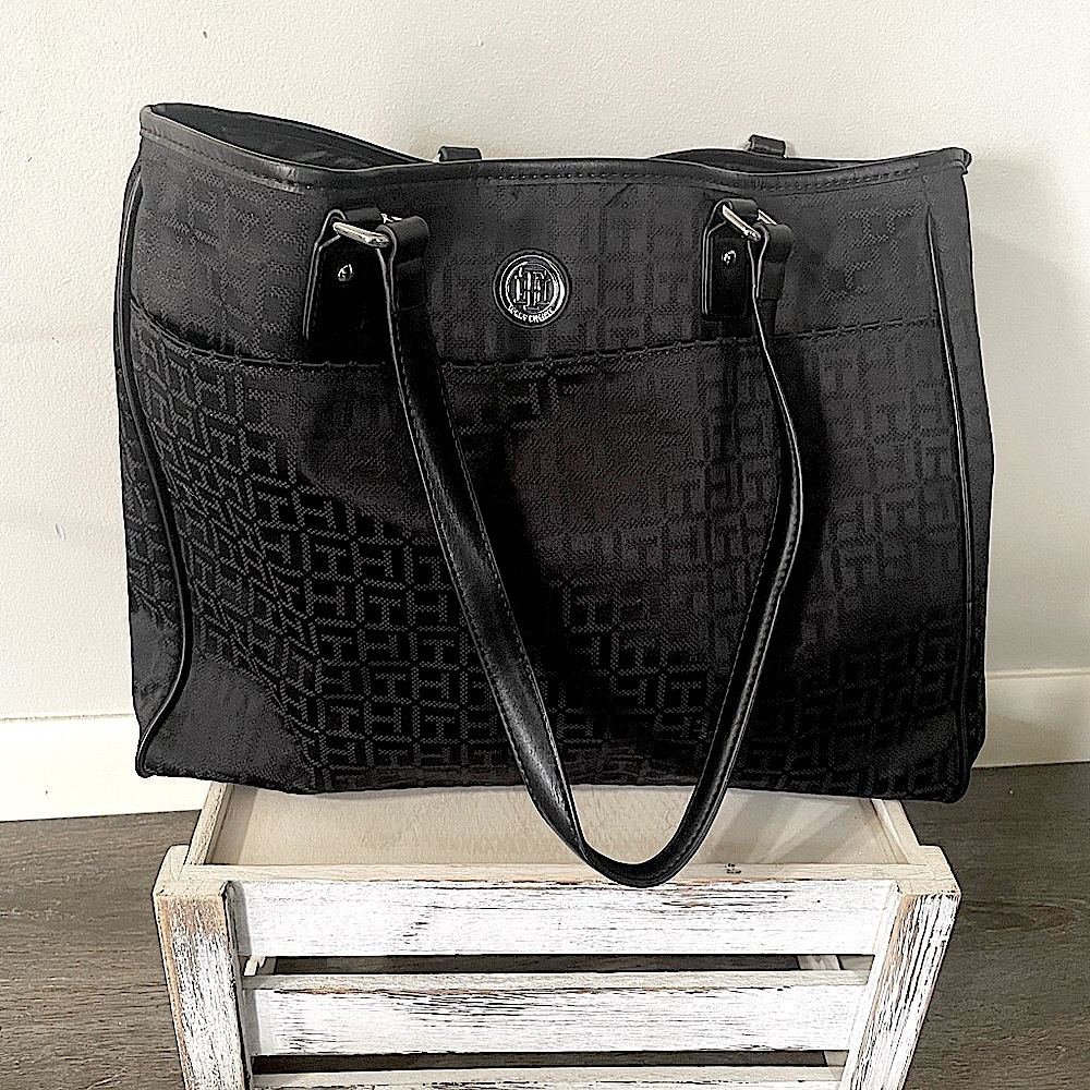 Tommy Hilfiger Black Leather Tote with Crocodile Texture